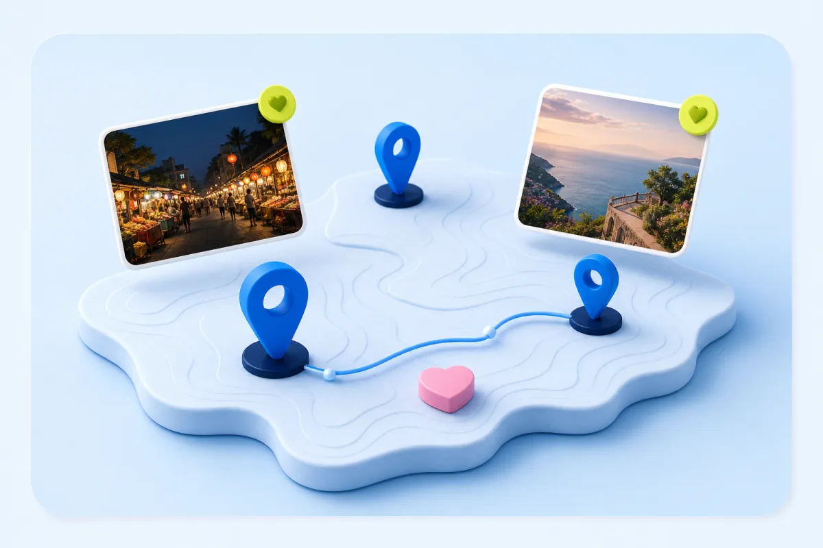 Conceptual map with saved travel photos and location markers