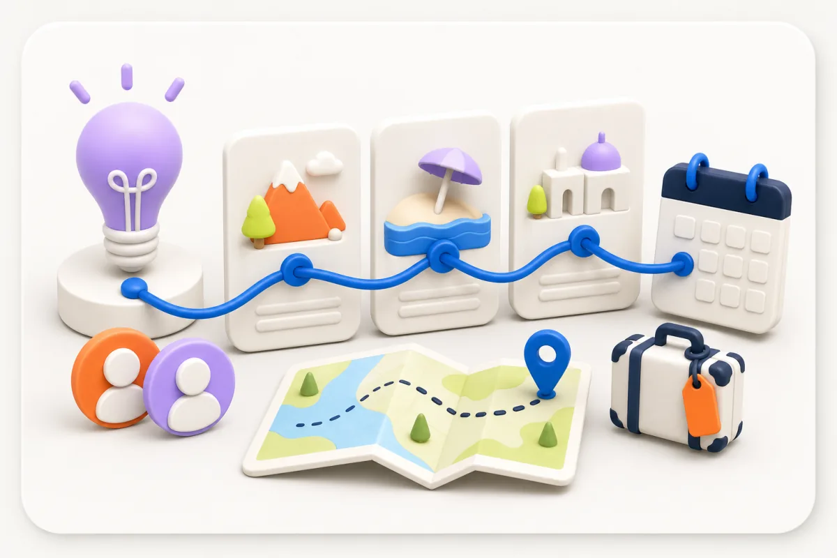 Conceptual travel plan connected by a flowing route